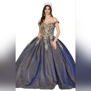 Elegant Blue and Gold Off-Shoulder Ball Gown Prom New Quinceanera 2xl/3xl